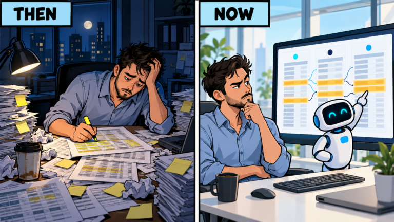 Sample ITAM data reconciliation then and now: an asset manager buried in spreadsheets versus an AI assistant highlighting discrepancies across ServiceNow, Intune and Active Directory